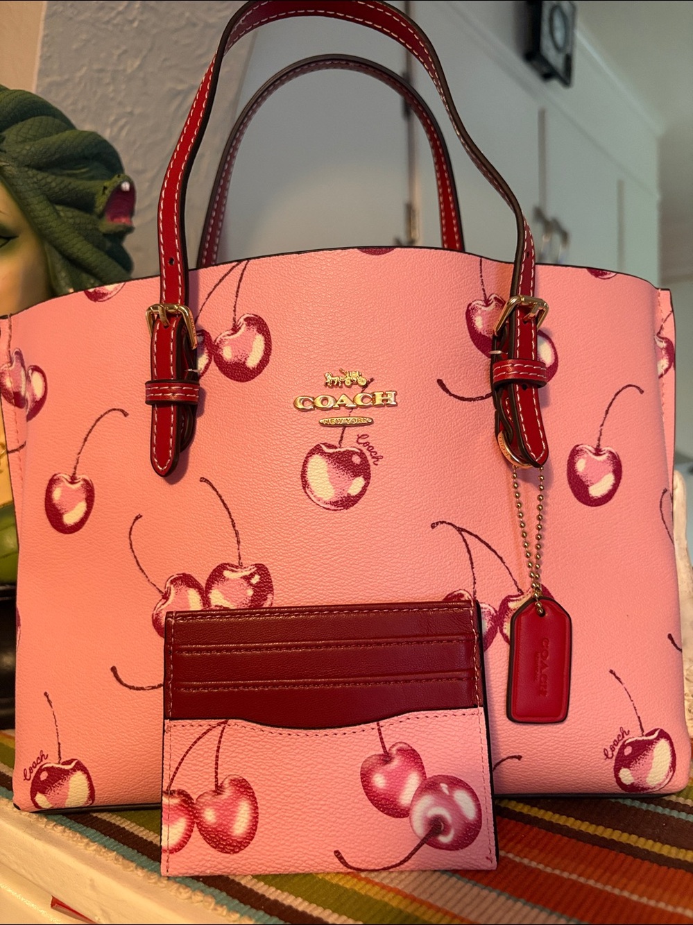Coach Mollie Tote 25 Pink Cherry Print with Card/ID Case NWOT